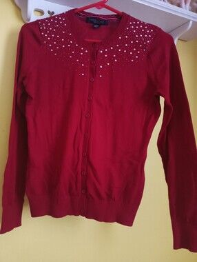 Dark red sequin and beaded Central Park  West cardigan